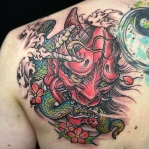 Snake and Hannya Mask Shoulder Blade Color Tattoo